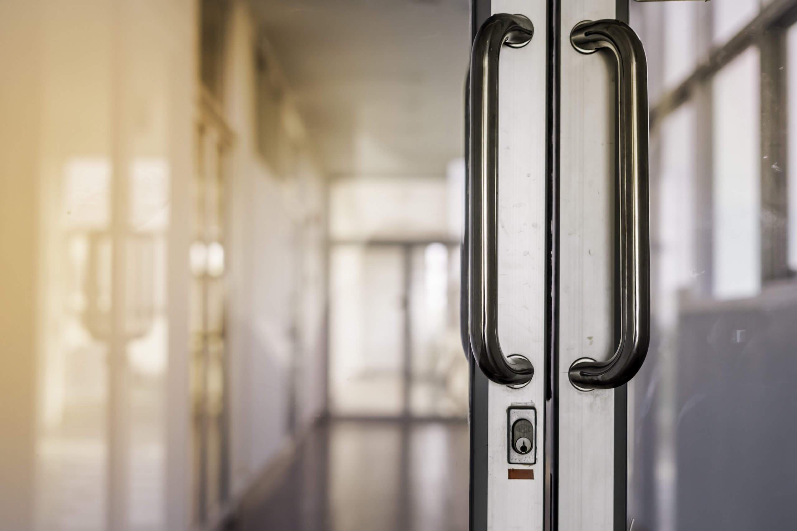 Blank,Glass,Door,With,Metal,Handles.,Entrance.,Opened,Luxury,Hall