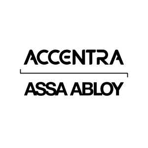 Accentra wordmark in black text with a styled line underneath and then the words Assa Abloy